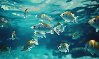 Naklejka premium flock of young small school fish under water background ocean