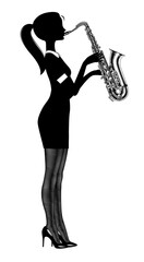 Fototapeta premium Black silhouette of a young woman in profile plays the saxophone. Drawing in vintage black and white engraving style. Vector illustration