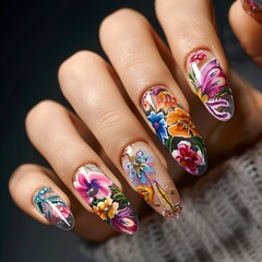 Intricate Hand-Painted Nail Art Designs with Vibrant Floral Patterns