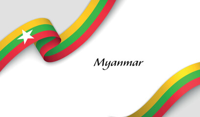 Curved ribbon with fllag of Myanmar on white background