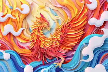 Creative and colorful paper art of a majestic phoenix rising from the ashes, surrounded by swirling flames and vibrant feathers, minimal styles, illustration template
