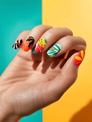 Fototapeta premium Nail art with complementary colors and patterns creating a cohesive look on a clean background