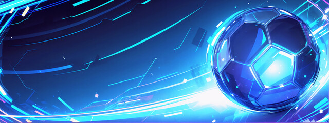 Neon background for advertising banner, featuring a soccer ball in dynamic motion. Sports competition's concept. Copy space. For sports marketing, posters, social media graphics, website banners, ads.