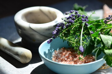 mortar and pestle with lavender