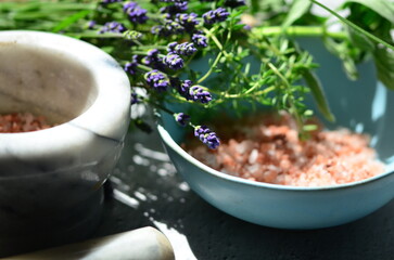 mortar and pestle with lavender