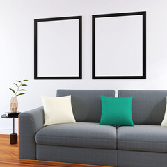Living Room Frame Wall Mockup and Beautiful Interior Decor. 3D Render