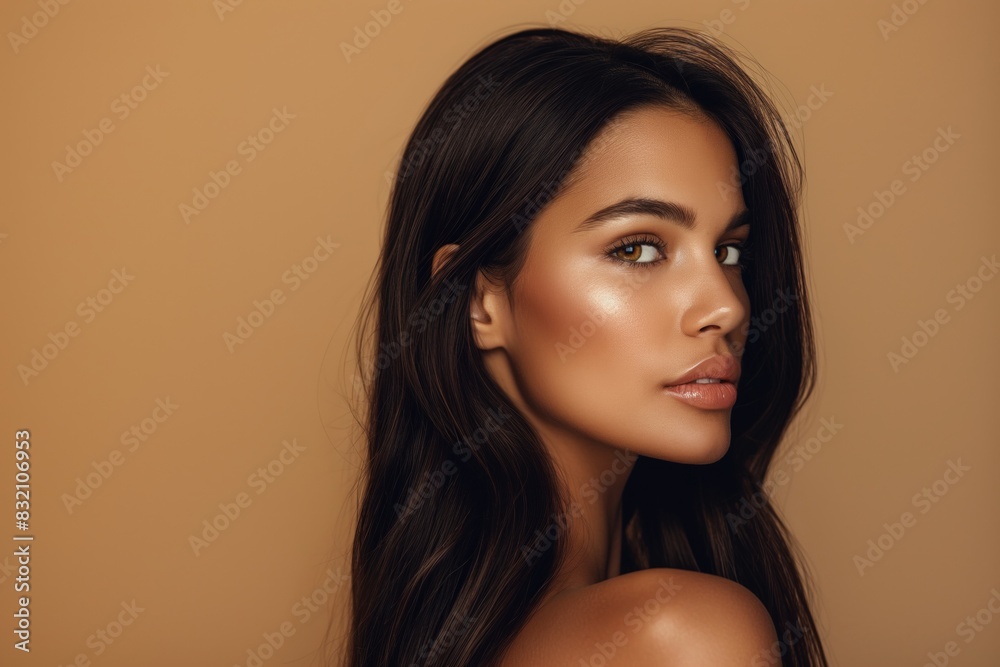 Poster Profile of a young Indian woman with dark hair and radiant skin, beige background