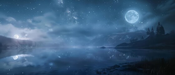 Frame mockup, a dreamy starlit night over a tranquil lake with reflections of the moon and constellations, creating a serene and mystical ambiance