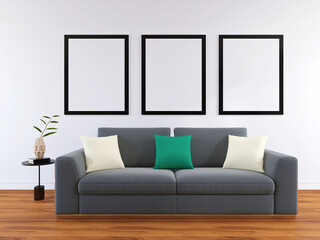 Modern Living Room Wall Poster Frame Mockup with Sofa and Decor. 3D Render