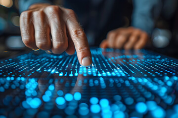 A businessman touches a virtual screen displaying stock market changes, a business chart with blue lines. Online trading and technology
