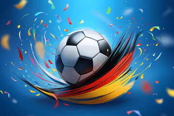 Soccer ball with confetti and German flag brush strokes on blue background. For sports-themed party invitation, emphasizing excitement and celebration.