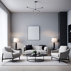 Luxury Living Room in Dark Colors with Gray Walls, Warm Lighting, and Taupe Lounge Chairs. Empty Space for Art or Picture. Rich Interior Design. Mockup of a Lounge Room or Hall Reception. 3D Render.