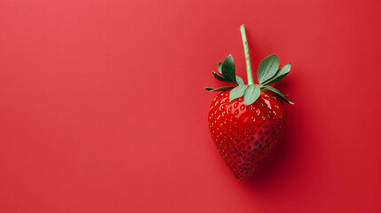 A close-up image of a fresh, ripe strawberry on a solid red background. The strawberry is perfectly ripe, with a glossy, red surface and green leaves.