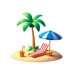 Obraz premium Summer 3D Render Illustration sun lounger, umbrella, palm tree, and ball transparent background 04