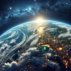 Obraz premium Earth from space at night with city lights glowing, sunrise over horizon, and Milky Way galaxy visible.