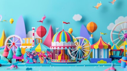 Paper art and craft style of a vibrant carnival scene, with colorful rides, playful clowns, and joyful crowds, cyberpunk 80s color, kawaii template sharpen with copy space