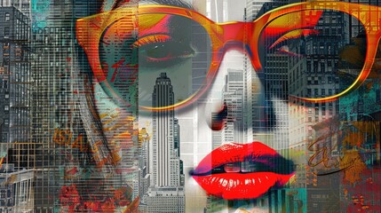 Fashionable beautiful girl close-up on the background of urbanized metropolis. Double exposure.