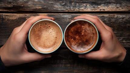 Top view image of man and woman's hands holding coffee and hot chocolate cups