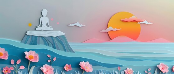 Trendy art paper collage design of a serene yoga session on a cliffside at sunrise