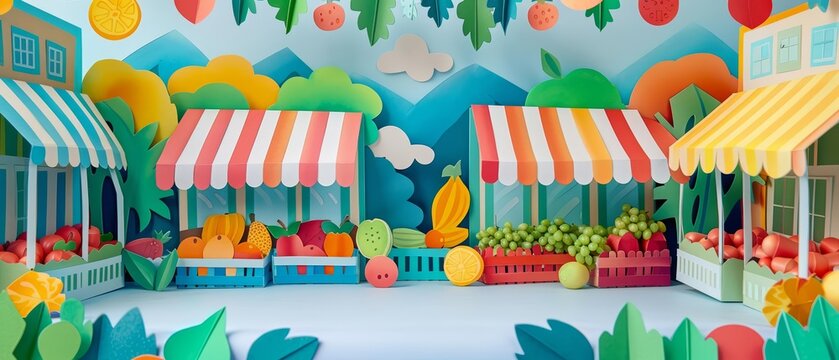 Trendy art paper collage design of a lively farmers market, with fresh produce, handmade crafts, and cheerful vendors, paper cut styles, banner template sharpen with copy space
