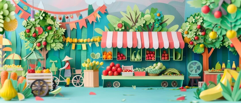 Trendy art paper collage design of a lively farmers market, with fresh produce, handmade crafts, and cheerful vendors, paper cut styles, banner template sharpen with copy space