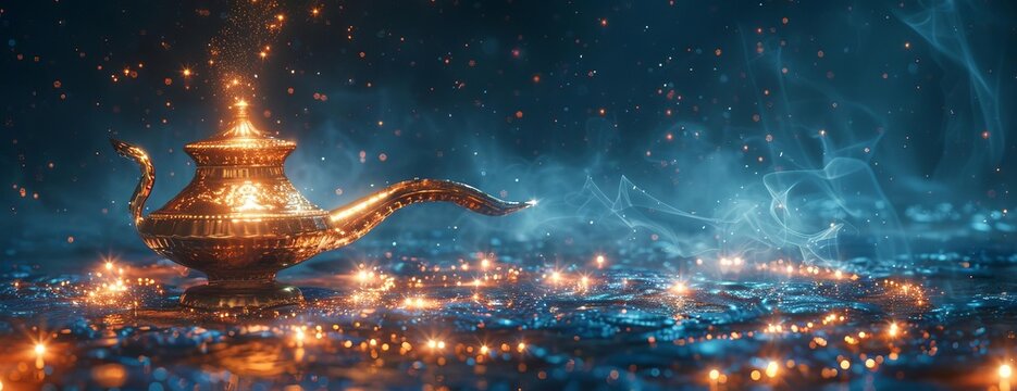 Low-angle shot of an ancient magic lamp, surrounded by sparkles and glowing in the moonlight, photorealistic rendering with hyper-real textures and shadows