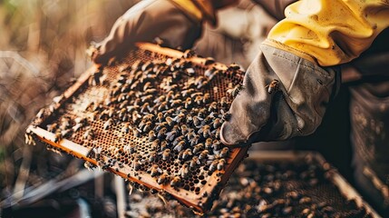 Beekeepers hands holding frame covered with bees and brood, hand protection, home production. Beauty of nature, close up, beekeeping, agriculture, natural products. Generative by AI.