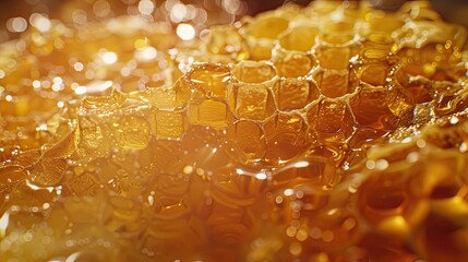 Close up, golden honey, honeycomb, blurred backdrop of honeycomb. Glare, delicacy, natural product, texture, bees, pollination, pollen, yellow, agriculture. Generative by AI.