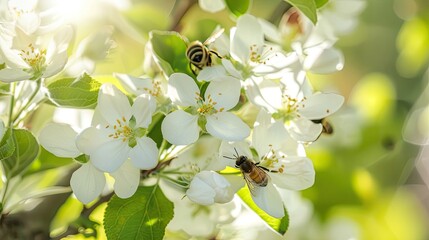 Honey bees pollinating apple blossoms in an orchard. Honey, bees in wild, pollen, white petals, beauty of nature, insects, close up, beekeeping, agriculture, nature protection. Generative by AI.