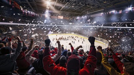 Hockey, fans, show, performance, skates, fans, hands up. Competition, hockey, ice rink, collision, drawn style, puck, stick, traumatic sport, rivalry, match. Generative by AI.