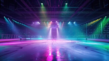 Hockey arena with colorful lights illuminating the ice. Hockey, break between matches, reflections, bright lighting, skating, performance on ice. Generative by AI.