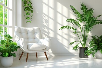 Minimalist living room with indoor plants and natural light, creating a serene and eco friendly space