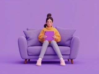 woman sitting on a sofa using tablet