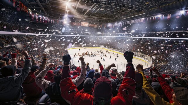Hockey, fans, show, performance, skates, fans, hands up. Competition, hockey, ice rink, collision, drawn style, puck, stick, traumatic sport, rivalry, match. Generative by AI. - Powered by Adobe