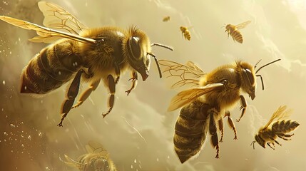 Honey bees swarm, pheromones, communication, communication between insects. Honey, bees in the wild, pollination, pollen, close up, beekeeping, agriculture, nature protection. Generative by AI.