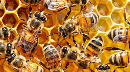 Honey bees swarm, pheromones, communication, communication between insects. Honey, bees in the wild, pollination, pollen, close up, beekeeping, agriculture, nature protection. Generative by AI.