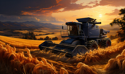 Fototapeta premium Harvester in wheat field at sunset