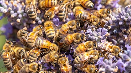 Honey bees swarm around flowering lavender bush. Honey, bees in the wild, pollination, pollen, insects, close up, beekeeping, agriculture, nature protection. Generative by AI.