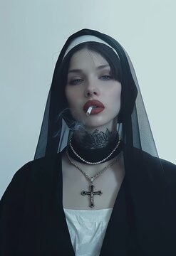 Edgy Portrait of a Tattooed Nun Smoking a Cigarette, Blending Tradition and Modernity with a Rebellious Twist