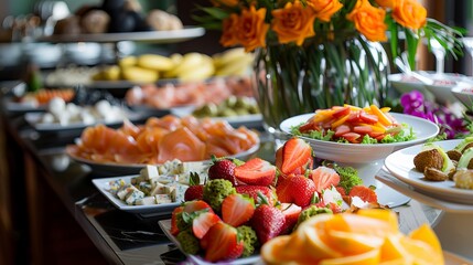 A lavish breakfast spread at a luxury hotel, featuring a variety of foods from a modern resort...
