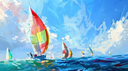 Sailing regatta with colorful sails billowing in wind, sailboats cut through ocean, waves, calm sea, sun, drawn style, resort vacation, swimming, outdoor recreation. Generative by AI.