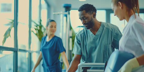 In a bright rehabilitation room, a healthcare professional helps a patient walk, underlining gentle care and recovery processes