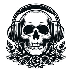 Obraz premium Skull-wearing headphones decorated with roses