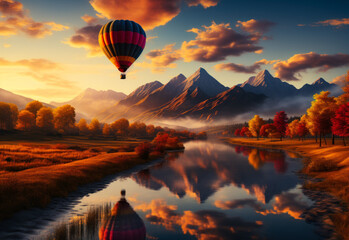 Colorful hot air balloon over the mountain with autumn landscape and river