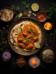 Close-up of a delicious chicken tikka masala with naan bread, garnished with cilantro and served with yogurt.
