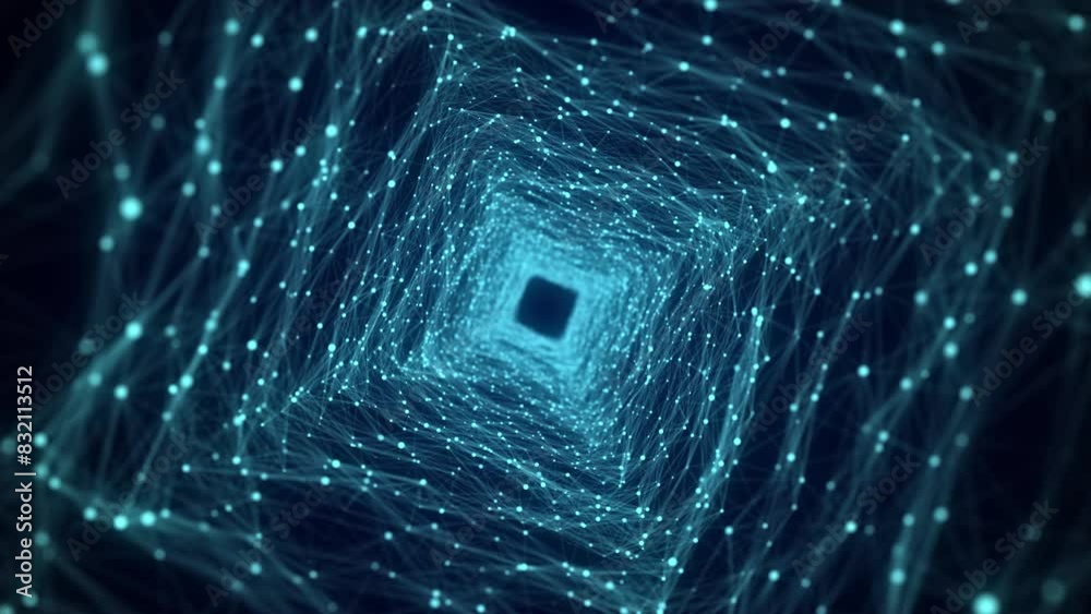 Fototapete Abstract 3d portal. Square tunnel or wormhole. Digital background with connected blue dots. 3d rendering.