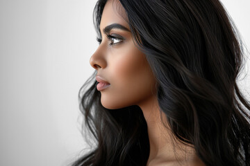 Naklejka premium lose-up profile of a woman with wavy black hair and smooth complexion, looking serene