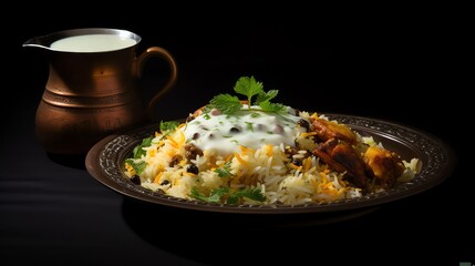 Delicious biryani with yogurt and cilantro garnish, served on a traditional plate with a copper pitcher of yogurt.