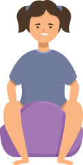 Cartoon of a smiling young girl sitting on a purple exercise ball, hands on thighs