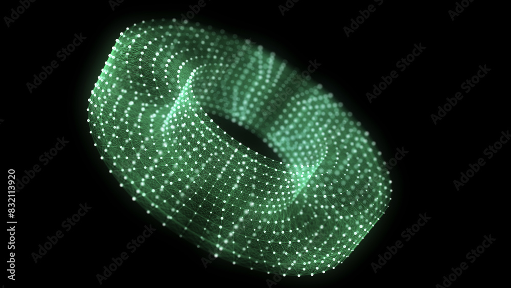Aufkleber Abstract green torus with connecting dots and lines. Wireframe technology torus. Big data visualization. 3d rendering.